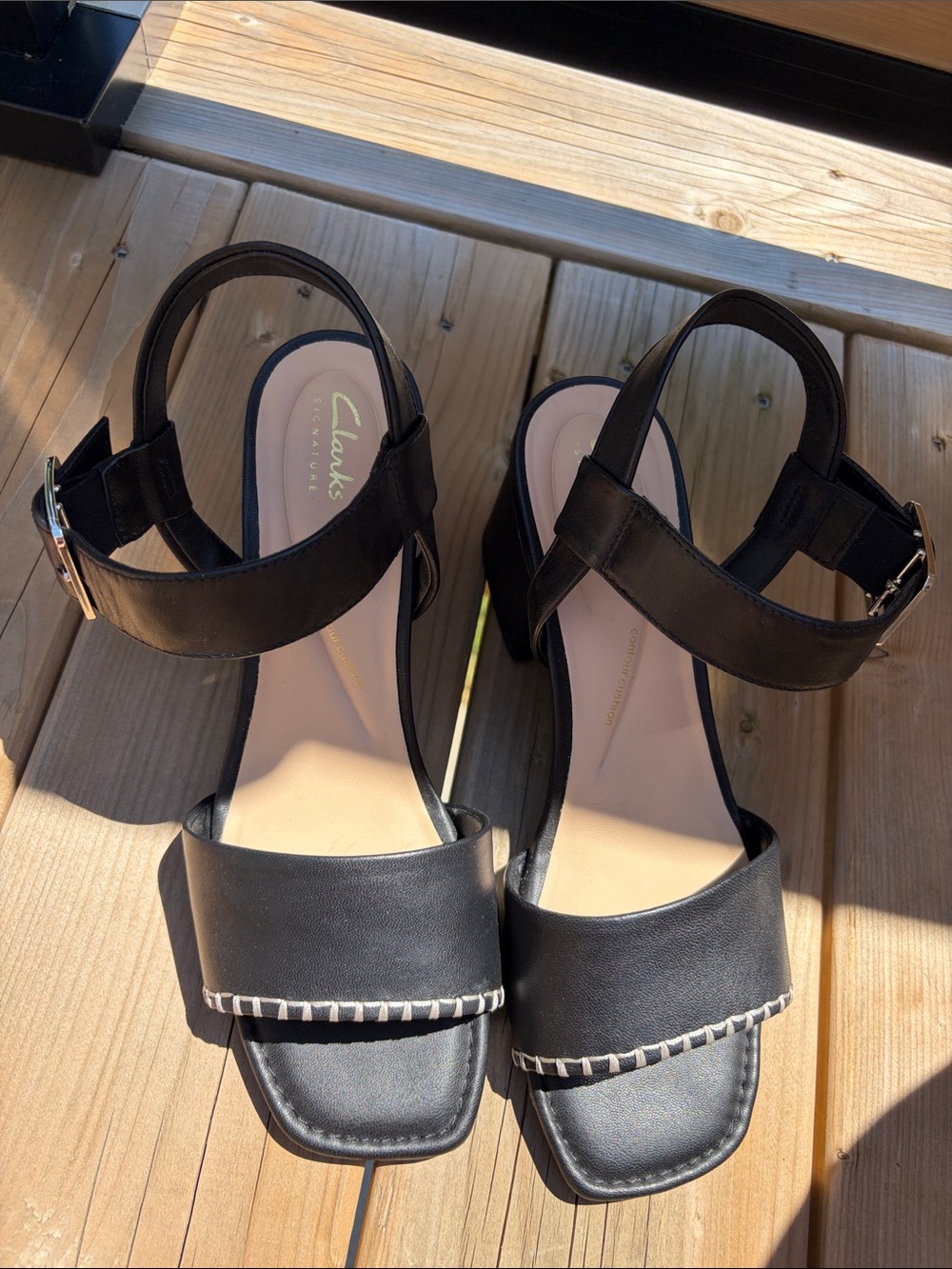 Clarks Black Leather Square-Toe Block Heel Sandals with Whipstitch Trim